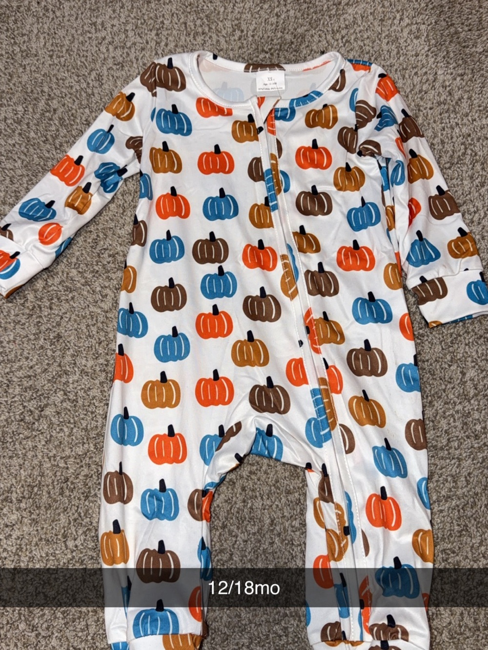 White Baby Zip with Orange, Blue and Brown Pumpkin Print